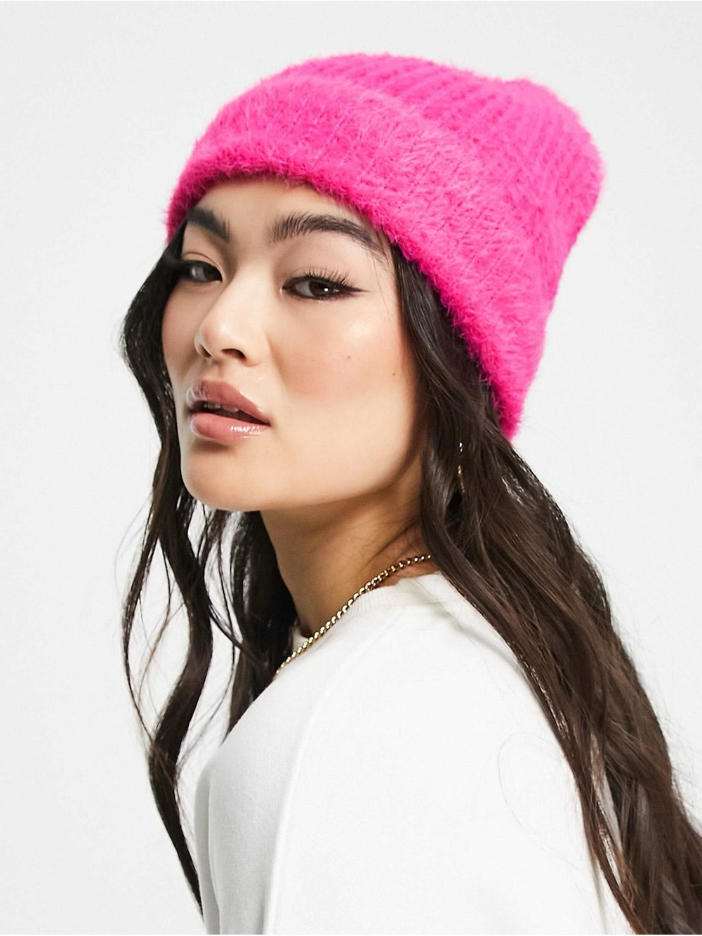 Eyelash Fluffy Knit Cuffed Beanie Hat in Bright Pink